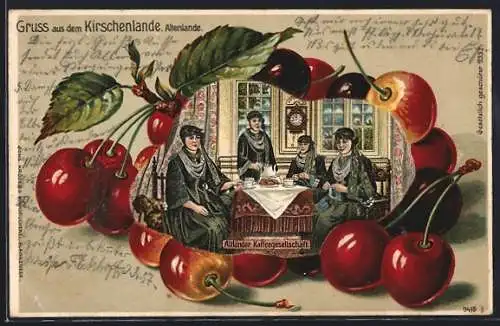 Passepartout-Lithographie Altländer Kaffeegesellschaft, Rahmen mit Kirschen, Trachten