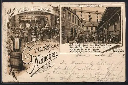 Vorläufer-Lithographie München, 1894, Münchner Hofbräuhaus mit Kundschaft, Münchner Kindl