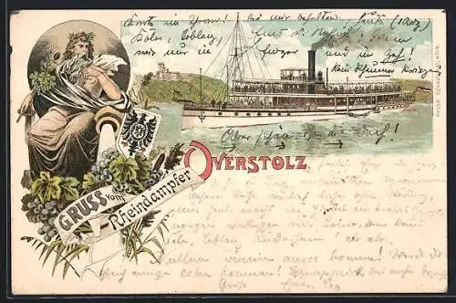 Lithographie Rheindampfer Overstolz in Fahrt, Vater Rhein und Wappen