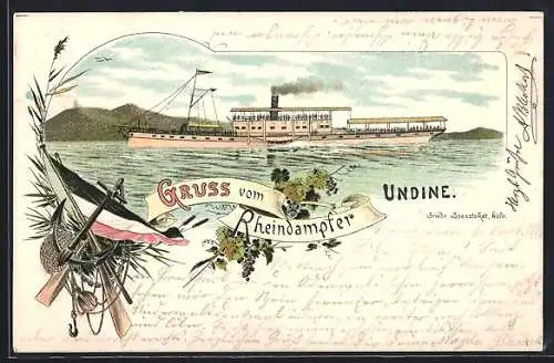 Lithographie Rheindampfer Undine, im Hintergrund das Siebengebirge
