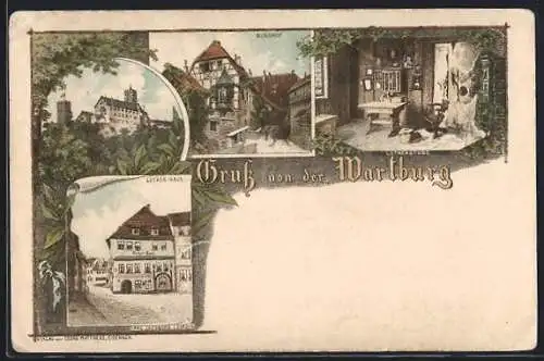 Vorläufer-Lithographie Eisenach, 1891, Wartburg, Lutherstube, Burghof, Lutherhaus