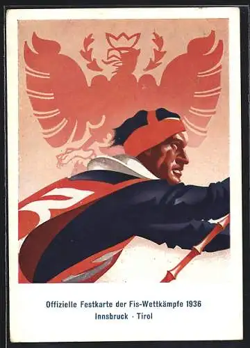 Künstler-AK Innsbruck, Festkarte der Fis-Wettkämpfe 1936, Skiläufer im Wettkampf