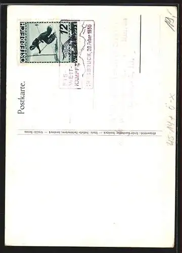 Künstler-AK Innsbruck, Festkarte der Fis-Wettkämpfe 1936, Skiläufer im Wettkampf