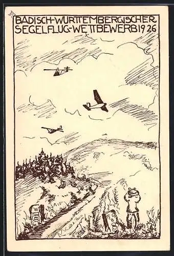 AK Ganzsache PP81C12 /01: Mühlhausen, Badisch-Württembergischer Segelflug-Wettbewerb 1926, Segelflugzeuge über Bergen