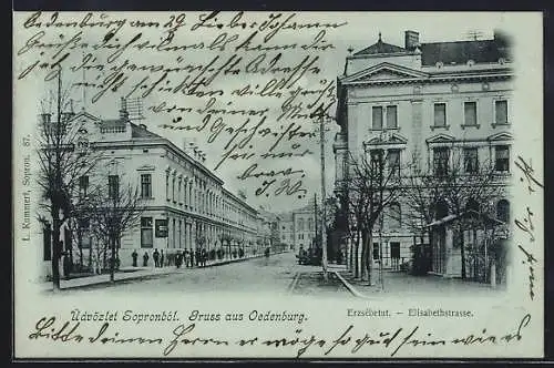 Mondschein-AK Oedenburg, Blick in die Elisabethstrasse