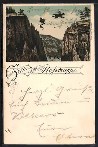 Lithographie Thale /Harz, Sage von der Rosstrappe