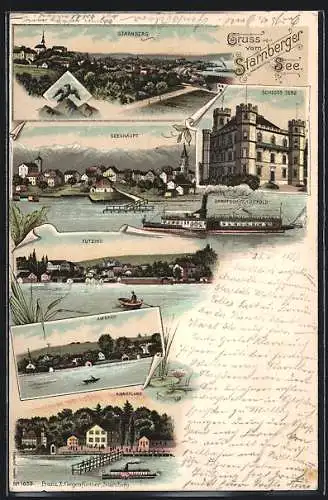 Lithographie Starnberg, Schloss Berg, Seeshaupt und Tutzing am Starnberger See