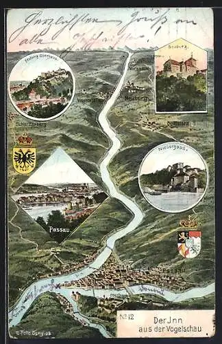 Künstler-AK Eugen Felle: Passau, Ortsansicht mit Oberhaus, Innstadt und Inn, Neuburg, Niederhaus