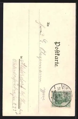 Lithographie Königswinter, Uferpartie mit Landkarte