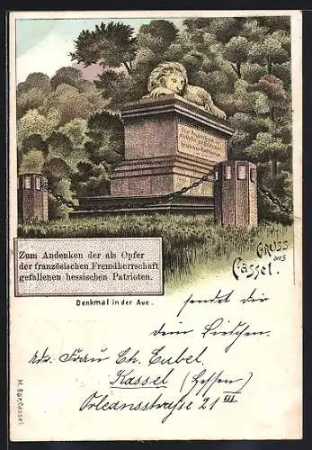 Lithographie Kassel, das Denkmal in der Aue