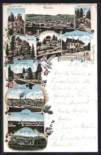 Lithographie Wunsiedel /Fichtelgebirge, Ortsansicht, Waldhaus Waldstein, Markt Redwitz, Kösseine, Bischofsgrün