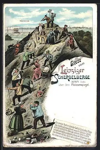 Lithographie Leipzig, Möckern, Leipziger Scherbelberg mit Wanderern am Aussichtspunkt