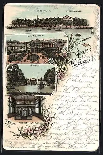 Lithographie Wiesbaden, Kochbrunnen, Kurhaus, Kursaal und Musikpavillon