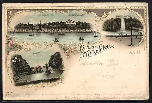Lithographie Wiesbaden, Kursaal & Musikpavillon, Grosse Fontaine, Kurhaus