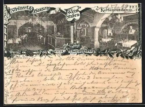 AK Berlin-Charlottenburg, Restaurant Steinert & Hansen, Kurfürstendamm 22
