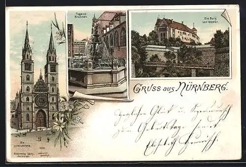 Lithographie Nürnberg, die Lorenzkirche, Tugendbrunnen, Westansicht der Burg