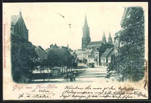 AK Neu-Ulm, Strassenpartie mit Blick zum Münster