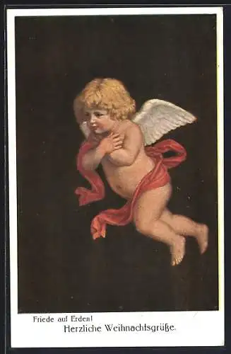 Künstler-AK Schwebender Weihnachtsengel mit rotem Tuch