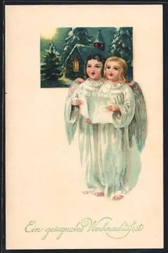 AK Zwei singende Weihnachtsengel vor nächtlicher Kirche