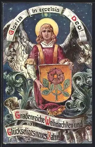Künstler-AK Weihnachtsengel mit Heiligenschein und Schild