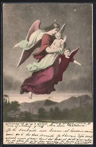 AK Weihnachtsengel fliegen mit dem Christkind über Berge