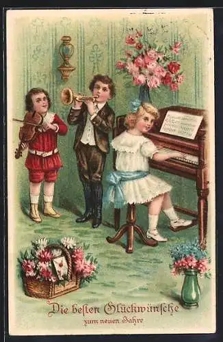 AK Neujahrsgruss, Kinder musizieren mit Klavier, Geige und Trompete