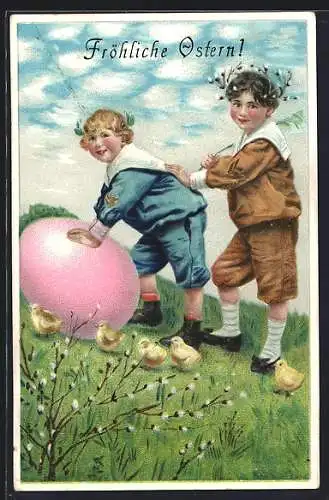 Präge-AK Fröhliche Ostern, Knaben mit Osterei und Küken