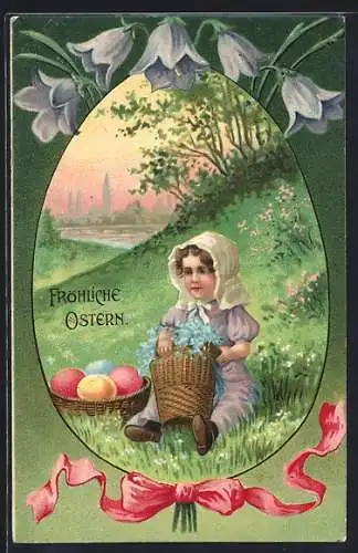 Präge-AK Mädchen sitzt mit Ostereiern auf einer Wiese, Passepartout mit Glockenblumen