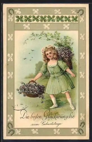 Präge-AK Mädchen im grünen Kleid mit Blumenkörben, Geburtstagsgruss