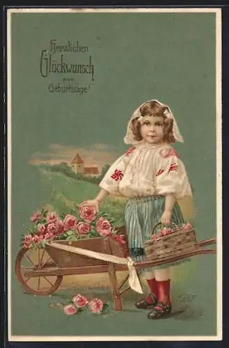 Präge-AK Glückwunsch zum Geburtstag, Mädchen mit Schubkarre voller Rosen