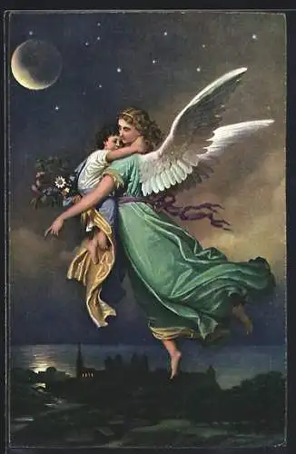 Künstler-AK sign. Wilhelm von Kaulbach: Engel schwebt mit Kind über nächtlichem Ort
