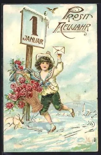 Präge-AK Prosit Neujahr, kleiner Matrose bringt Blumen und Brief, Kalenderblatt