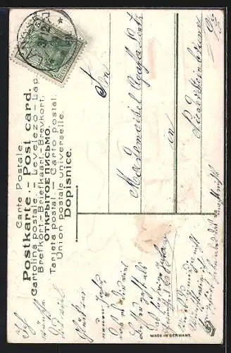 Präge-AK Prosit Neujahr, kleiner Matrose bringt Blumen und Brief, Kalenderblatt