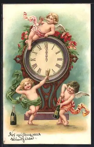 Präge-AK Neujahrsengel stossen vor einer Uhr mit Sekt auf das neue Jahr an