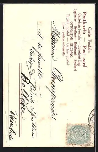 Präge-AK Neujahrsengel stossen vor einer Uhr mit Sekt auf das neue Jahr an