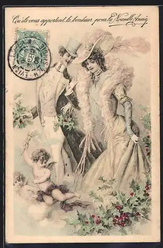 AK Elegantes Paar umgeben von Neujahrsengeln und Stechpalmenzweigen