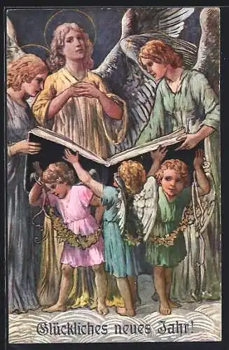 Künstler-AK Neujahrsengel halten Notenbuch für grosse Neujahrsengel