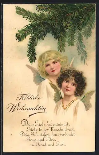 AK Zwei Weihnachtsengel unter einem Tannenzweig