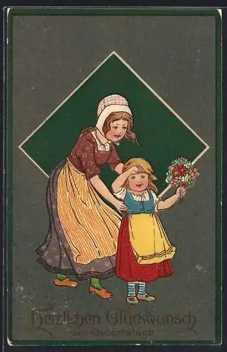 Präge-AK Mutter und Tochter gratulieren mit Blumenstrauss zum Geburtstag