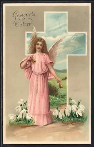 Präge-AK Osterengel in rosa Kleid vor Landschaft im Kreuz-Rahmen