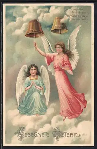 Präge-AK Osterengel läuten Glocken über den Wolken