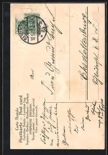 Präge-AK Mädchen mit Blumenkorb läutet an der Tür, Pfingstgruss