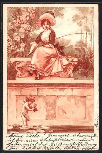 Künstler-AK Junge Dame angelt, Amor heftet ein Herz an den Haken