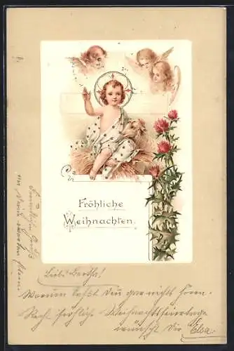 AK Christkind und kleine Weihnachtsengel in der Krippe mit einem Lämmchen