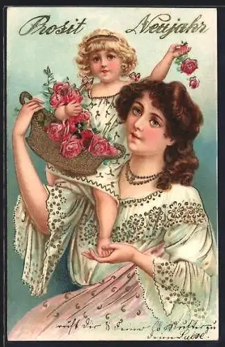 Präge-AK Prosit Neujahr, Mutter und Kind mit Blumenkorb