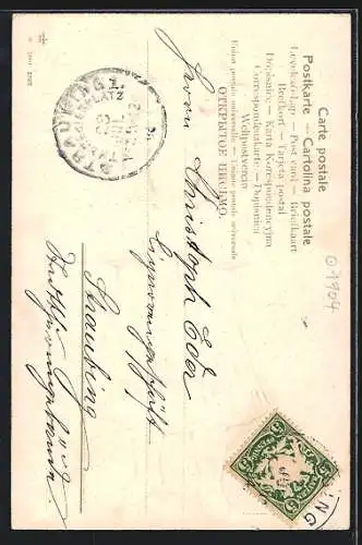 Präge-AK Namenstag, Mädchen mit Kleeblättern in Blumentöpfen