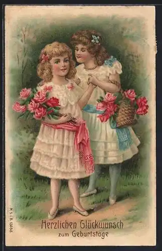 Präge-AK Glückwunsch zum Geburtstag, Zwei Mädchen mit Blumenkorb