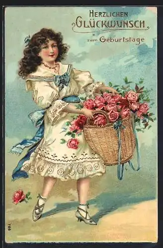 AK Glückwunsch zum Geburtstag, Mädchen mit Korb voller Rosenblüten