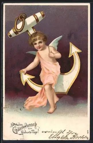 Präge-AK Geburtstagsglückwünsche, Engel mit Anker