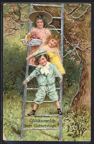 AK Glückwunsch zum Geburtstag, Kinder auf einer goldenen Leiter